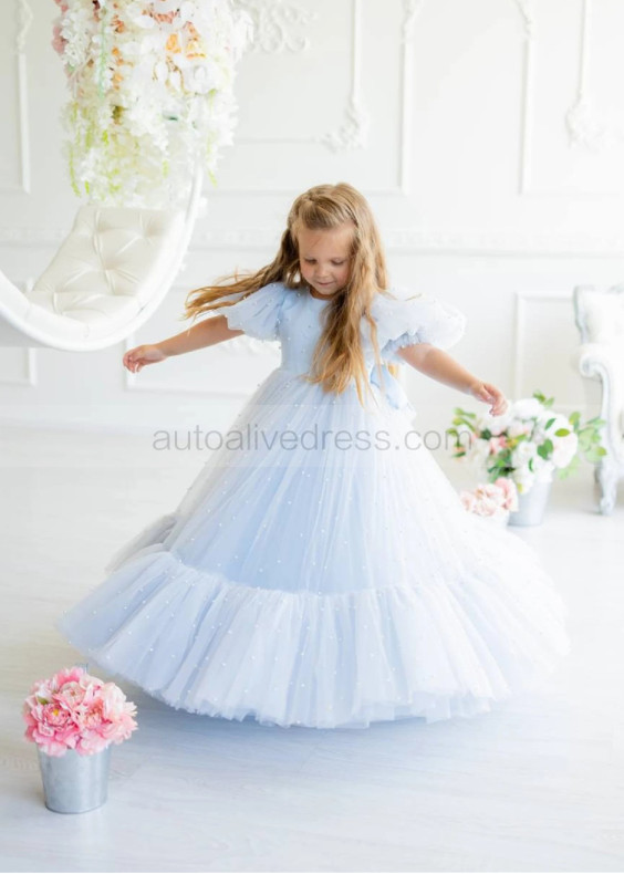 Puff Sleeves Blue Tulle Pearl Flower Girl Dress